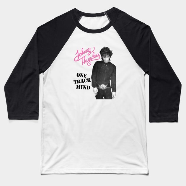 Johnny Thunders- One Track Mind on a white ringspun Baseball T-Shirt by Hoang Bich